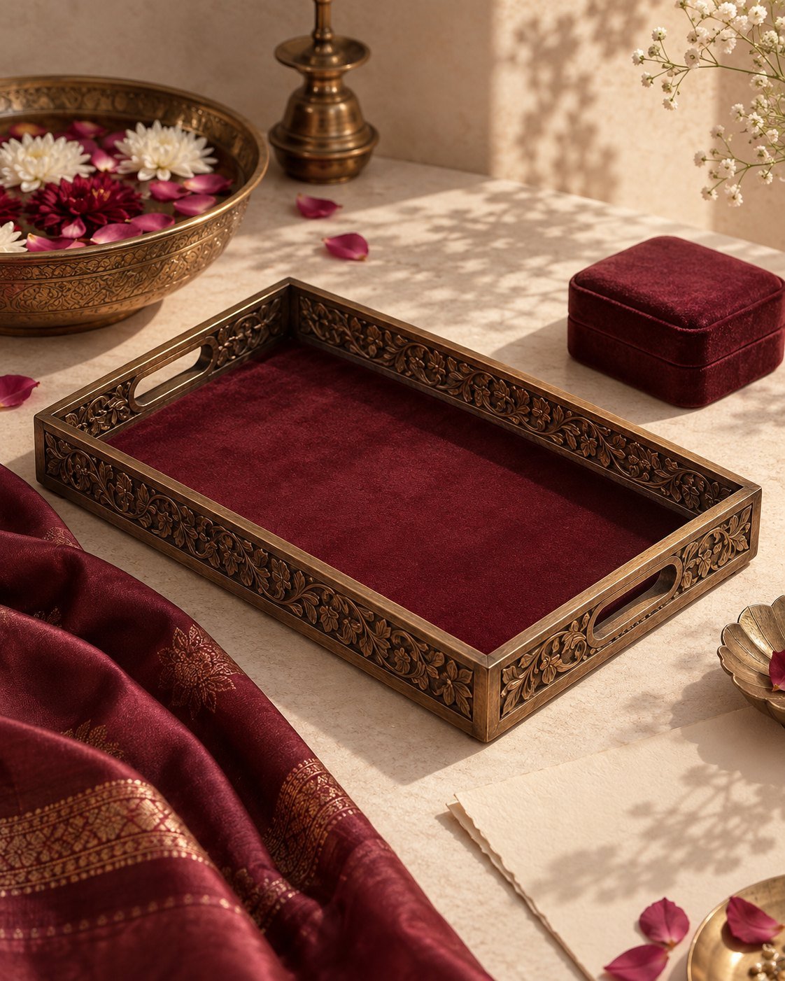 Maroon velvet jewellery styling tray in warm light