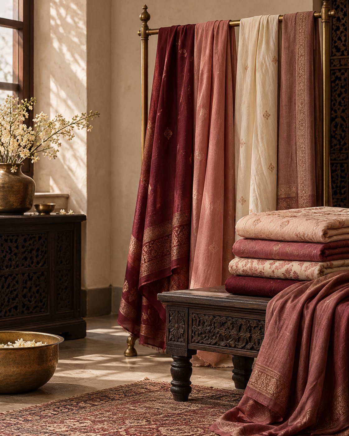 Warm textile display in maroon, rose and ivory tones